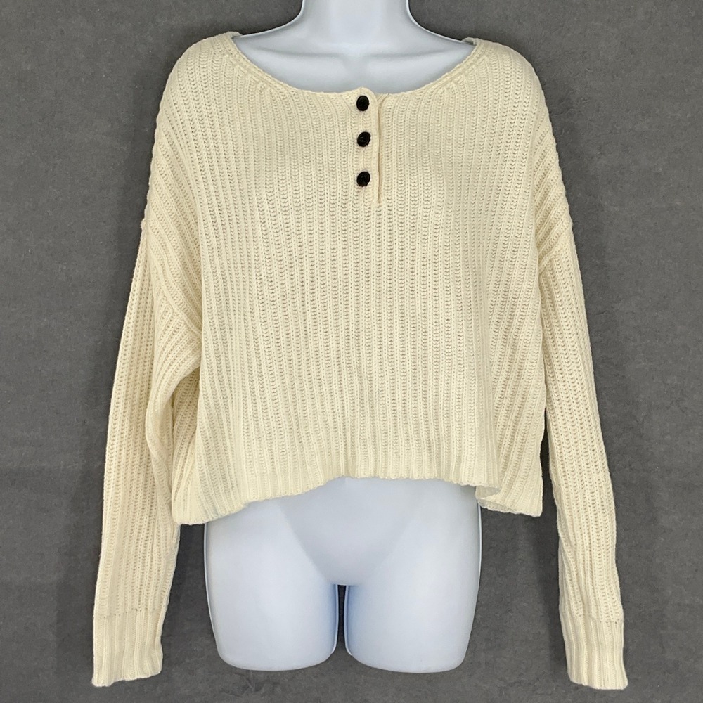 American‎ Eagle Outfitters Cream Ribbed Cropped Henley Sweater Size S Slouchy